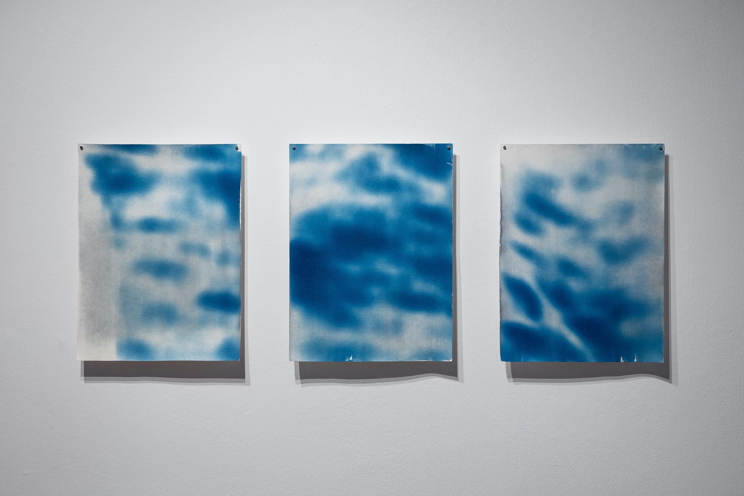 Anneke Kleimann Flimmern (I), Flimmern (II), Flimmern (III) (2024) Cyanotypien auf Aquarellpapier Jeweils 48 x 36 cm Ausstellungsansicht Nachts sind alle Katzen grau, Galerie im Tempelhof Museum, Berlin Foto: Andreas Meichsner