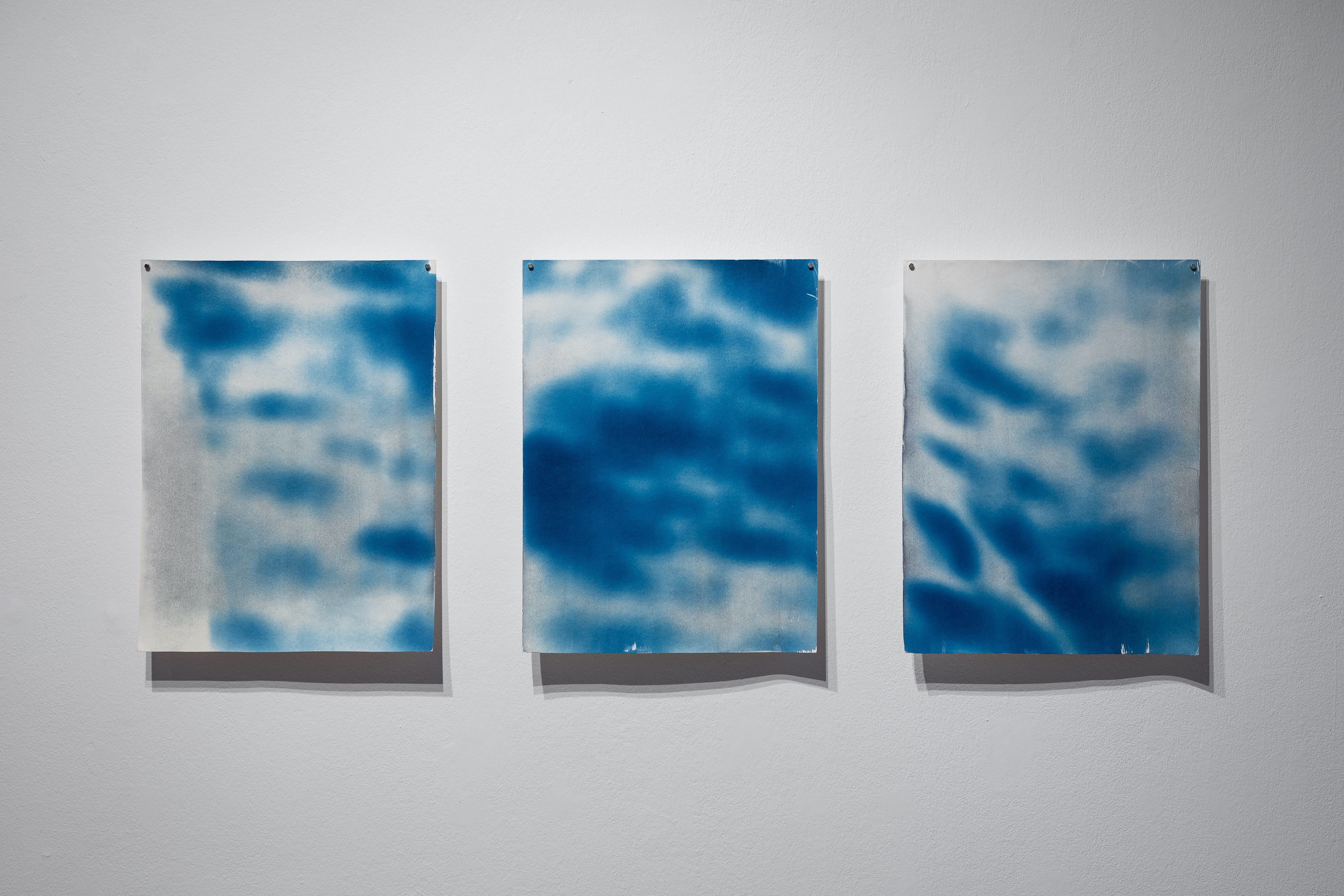 Anneke Kleimann Flimmern (I), Flimmern (II), Flimmern (III) (2024) Cyanotypien auf Aquarellpapier Jeweils 48 x 36 cm Ausstellungsansicht Nachts sind alle Katzen grau, Galerie im Tempelhof Museum, Berlin Foto: Andreas Meichsner 
