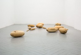 Anneke Kleimann, Observing Saturn, 2017, Tulpenbaumholz, Goldlack, 28-teilig, jeweils 49 cm lang, Installationsdimensionen variabel